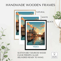 Handmade wooden frames in natural, white, and black for Venice boat print, showcasing sustainable wood and ready-to-hang design.