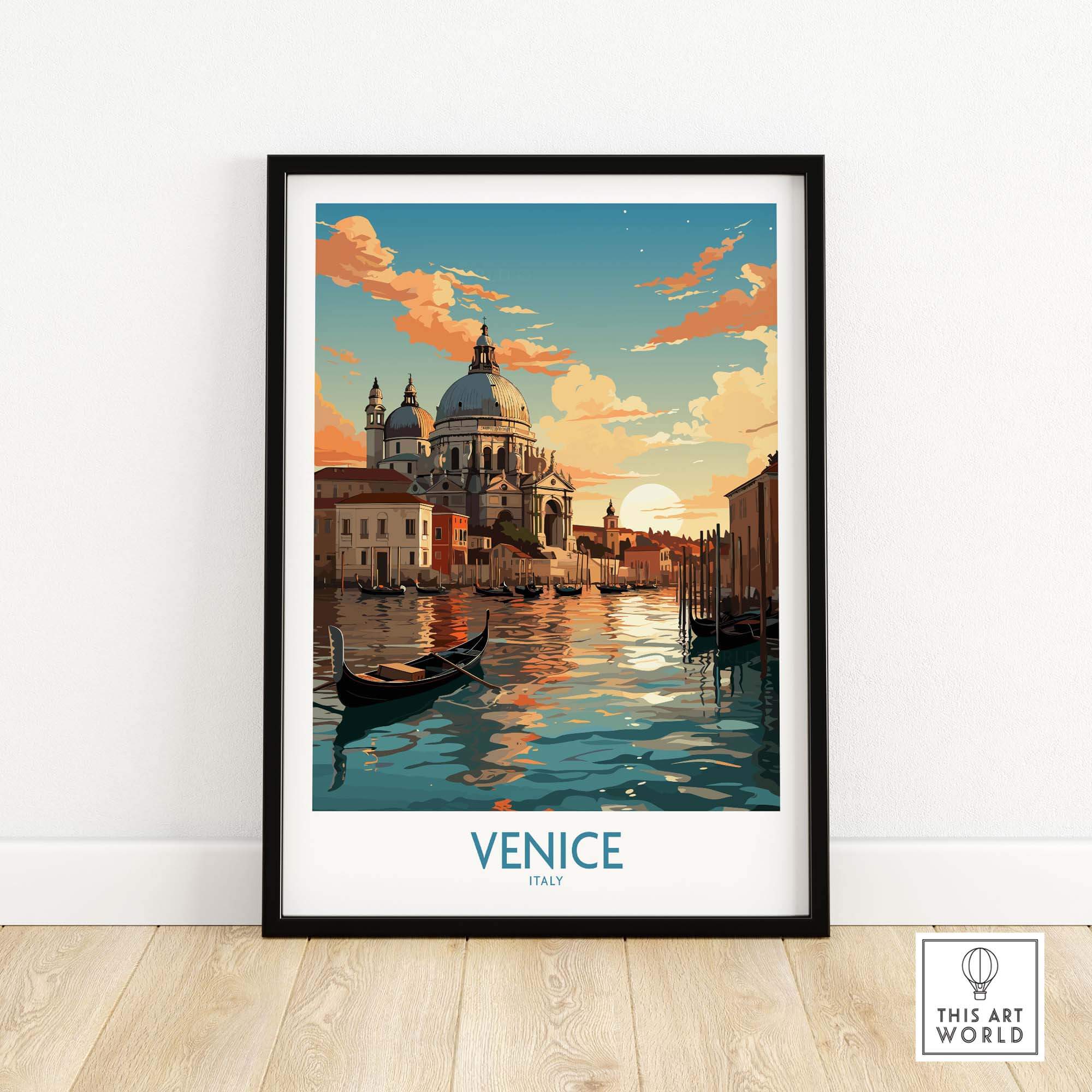 Venice boat print featuring vibrant sunset colors, perfect for home decor and gallery walls showcasing Italian scenery.