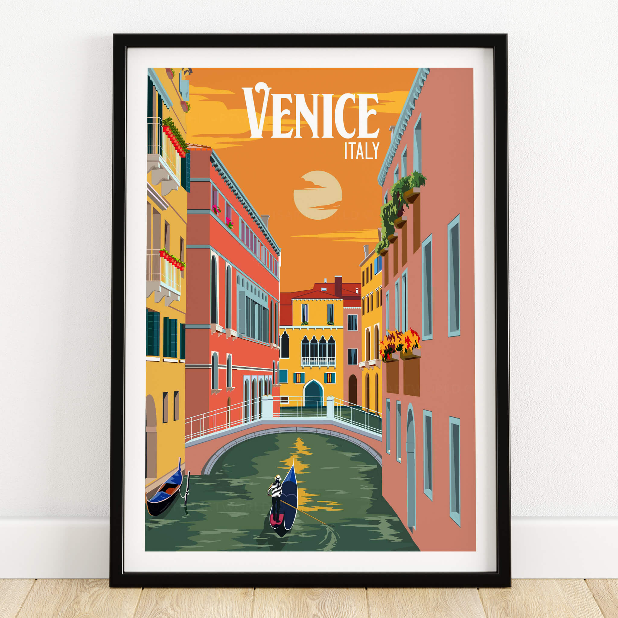 Venice Italy Poster Print Wall Art featuring a gondola and sunset over Venetian canals in vibrant colors.