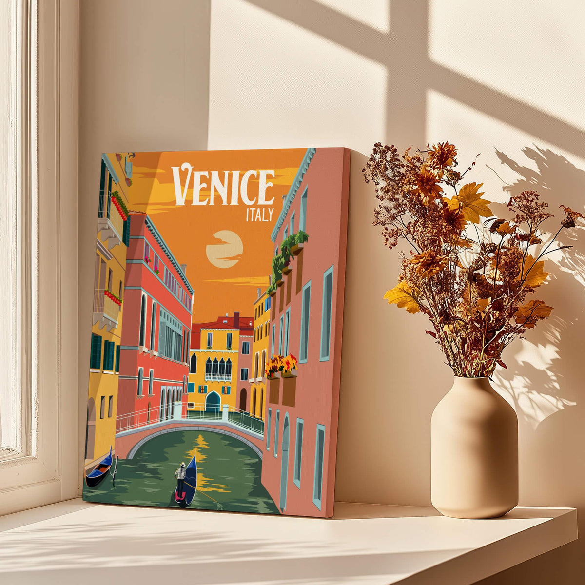 Venice Italy Poster Print Wall Art featuring a colorful canal scene with buildings and a gondola.