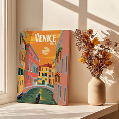 Venice Italy Poster Print Wall Art featuring a colorful canal scene with buildings and a gondola.