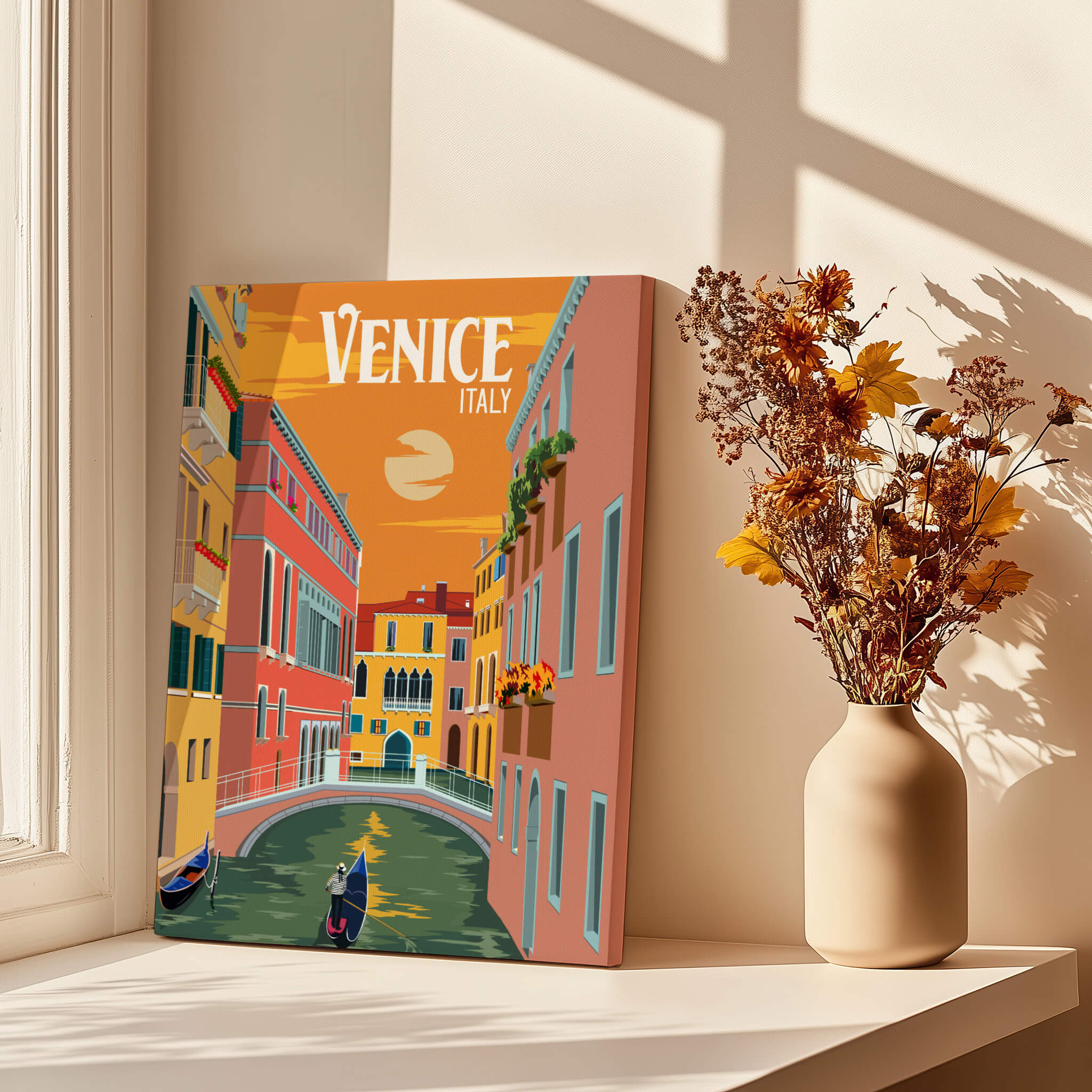 Venice Italy Poster Print Wall Art featuring a colorful canal scene with buildings and a gondola.
