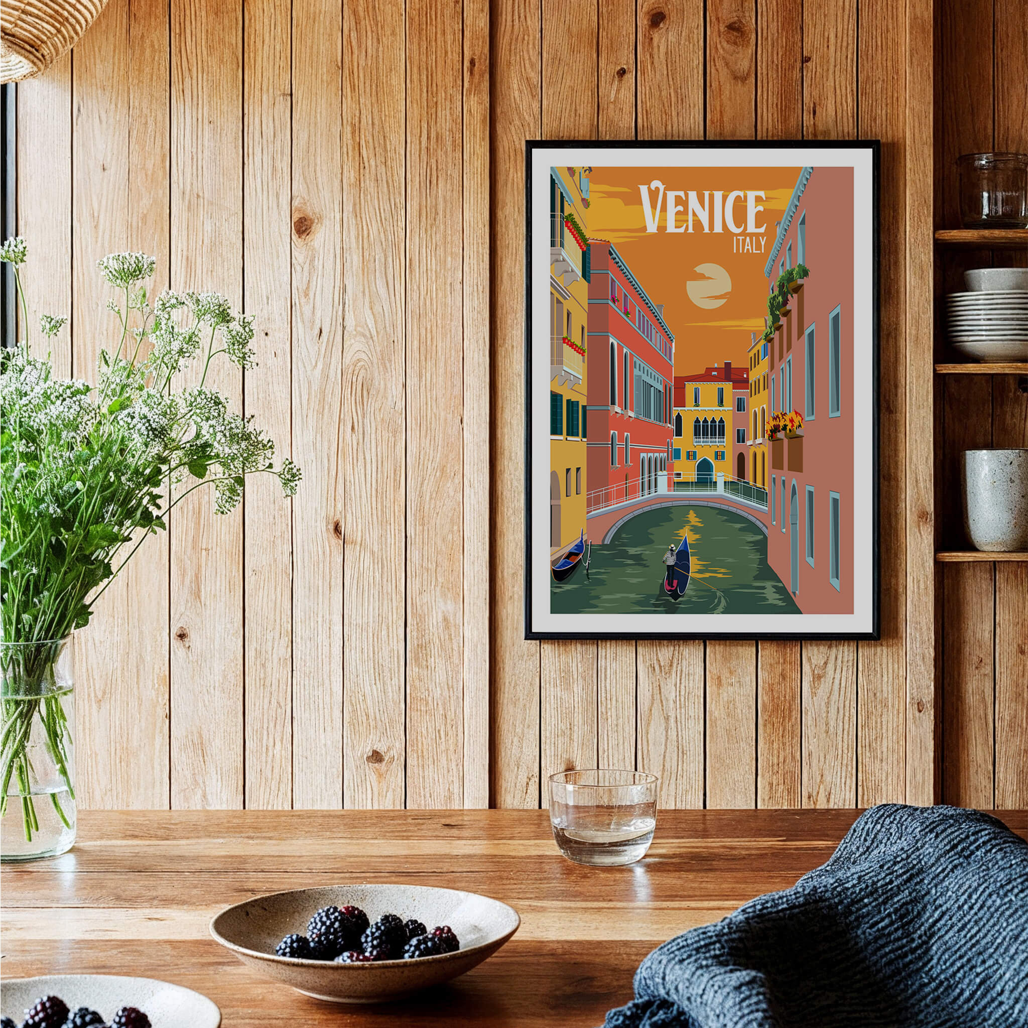 Venice Italy Poster Print Wall Art featuring a gondola under a sunset in a vibrant canal setting.