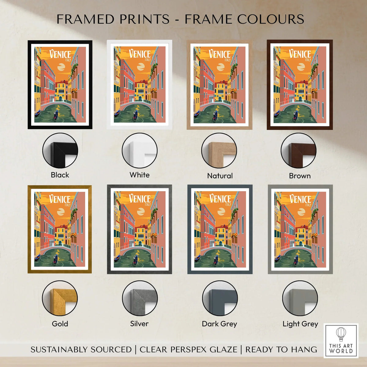Venice Italy Poster Print Wall Art framed print options including black, white, natural, brown, gold, silver, dark grey, and light grey.