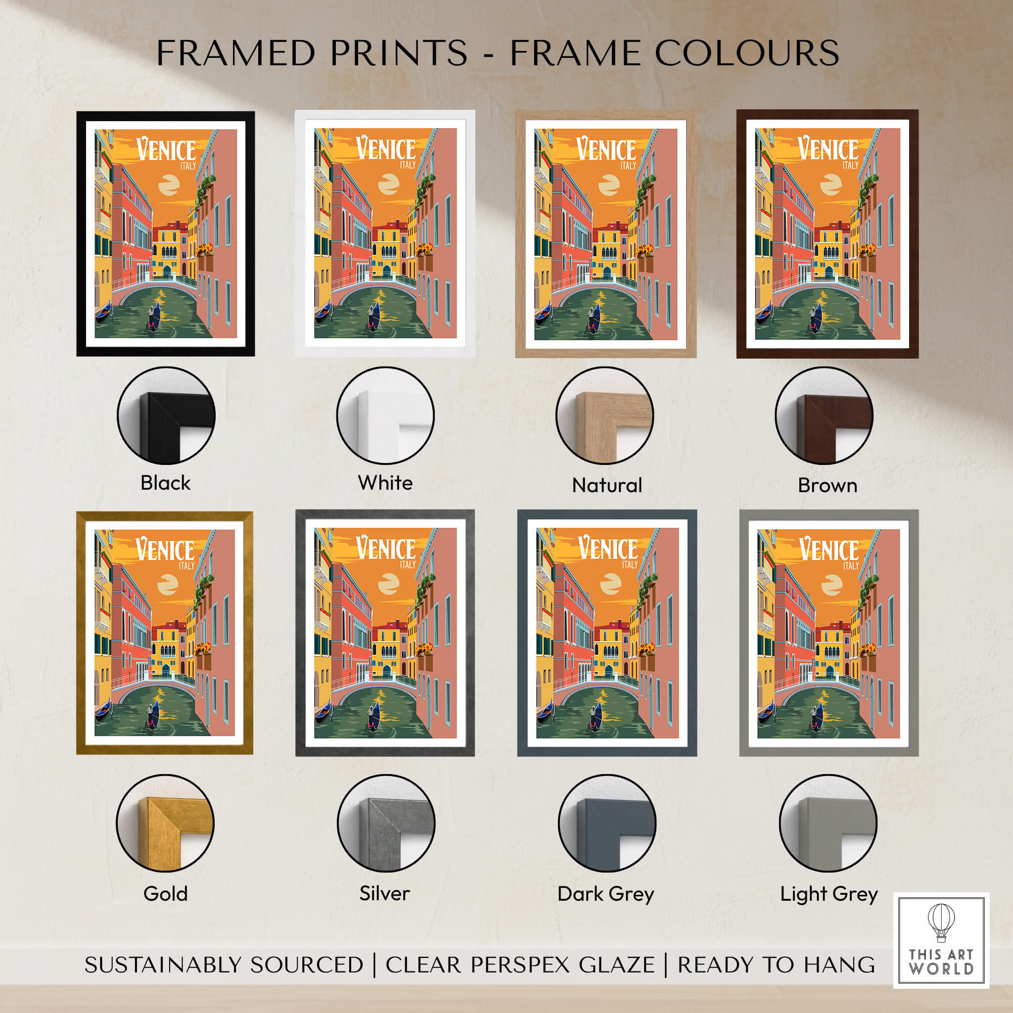Venice Italy Poster Print Wall Art framed print options including black, white, natural, brown, gold, silver, dark grey, and light grey.