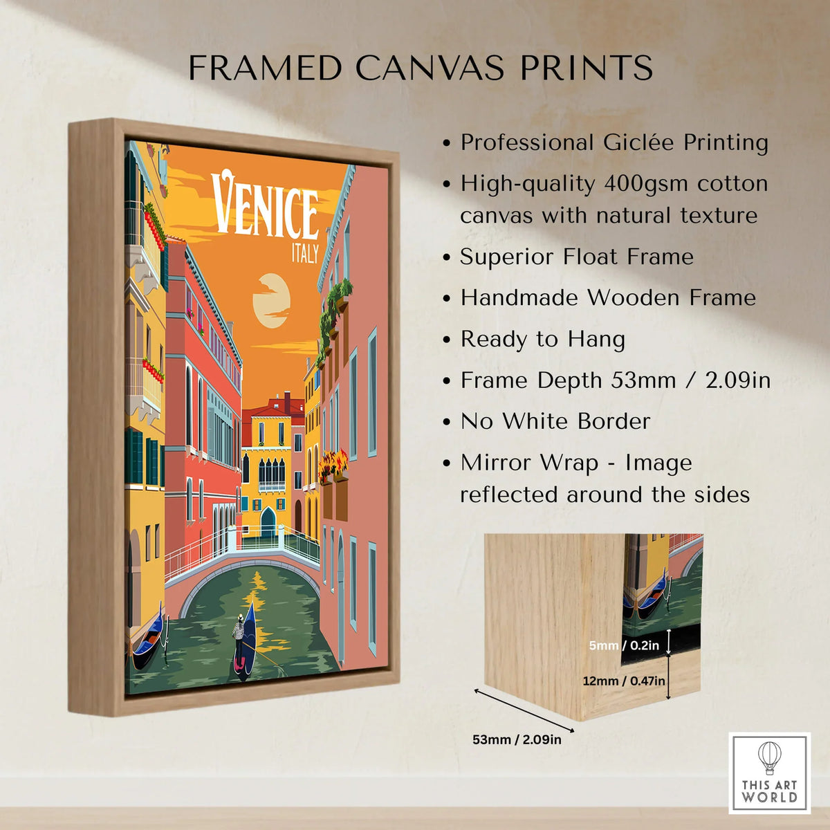 Venice Italy Poster Print Wall Art featuring a gondola and colorful buildings in a stylish framed canvas print.