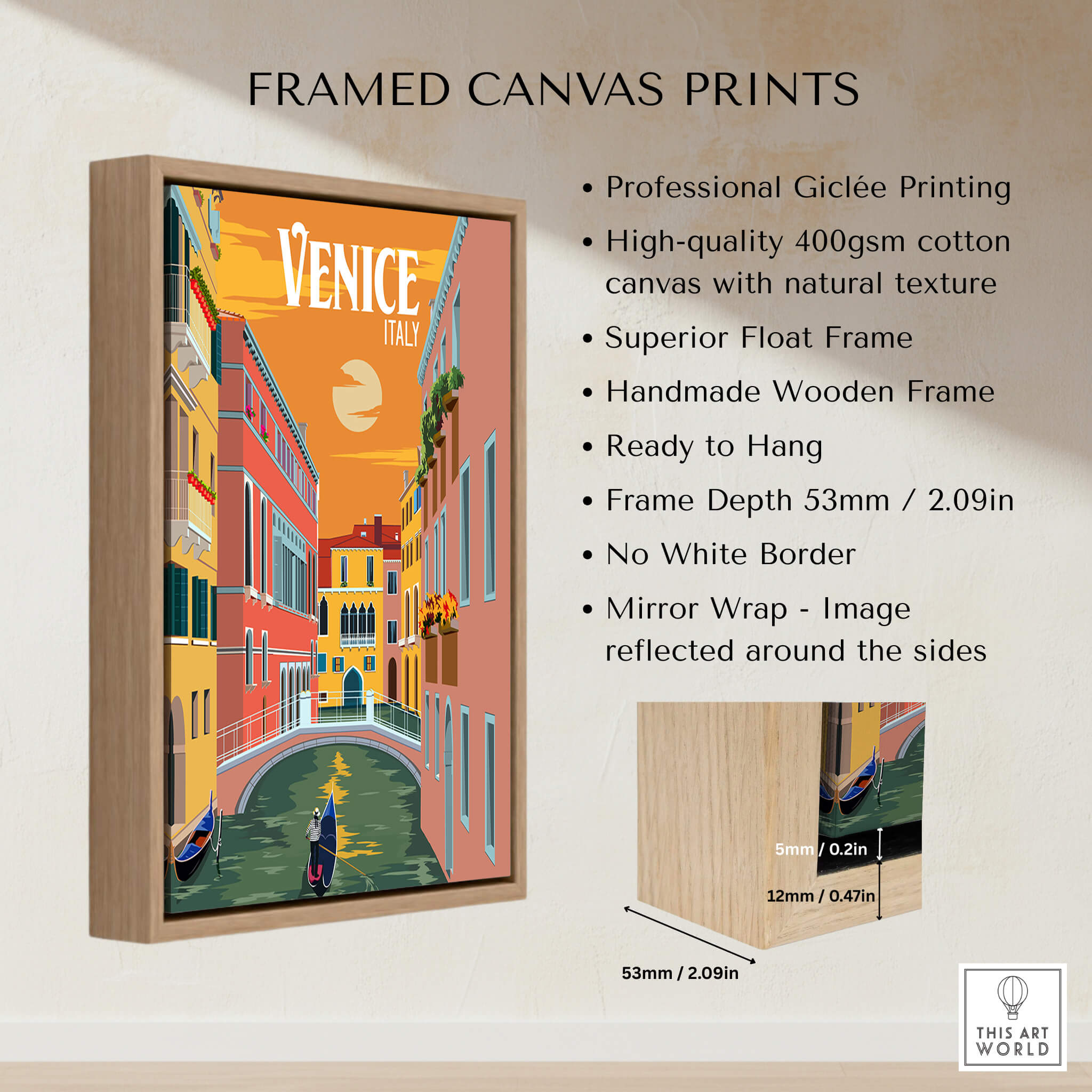 Venice Italy Poster Print Wall Art featuring a gondola and colorful buildings in a stylish framed canvas print.