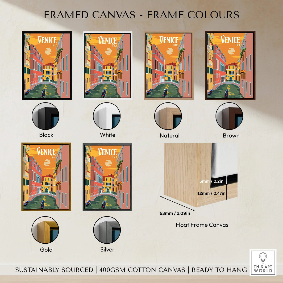 Framed Venice Italy Poster Print Wall Art in various frame colors including black, white, natural, brown, gold, and silver.