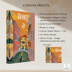 Venice Italy Poster Print Wall Art featuring a colorful canal scene with gondola on canvas print.