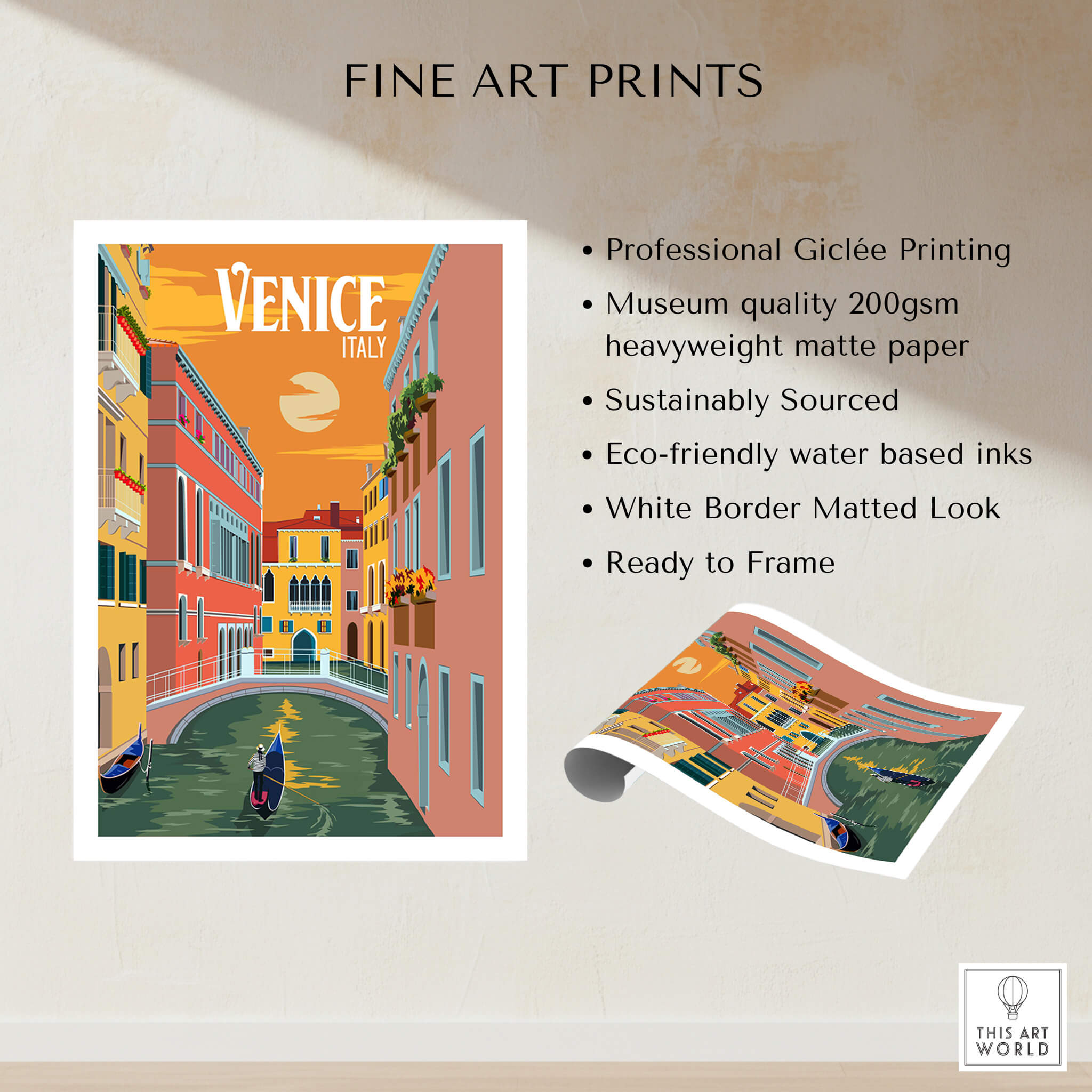 Venice Italy Poster Print Wall Art featuring gondola in sunset, sustainable printing on matte paper, ready to frame.