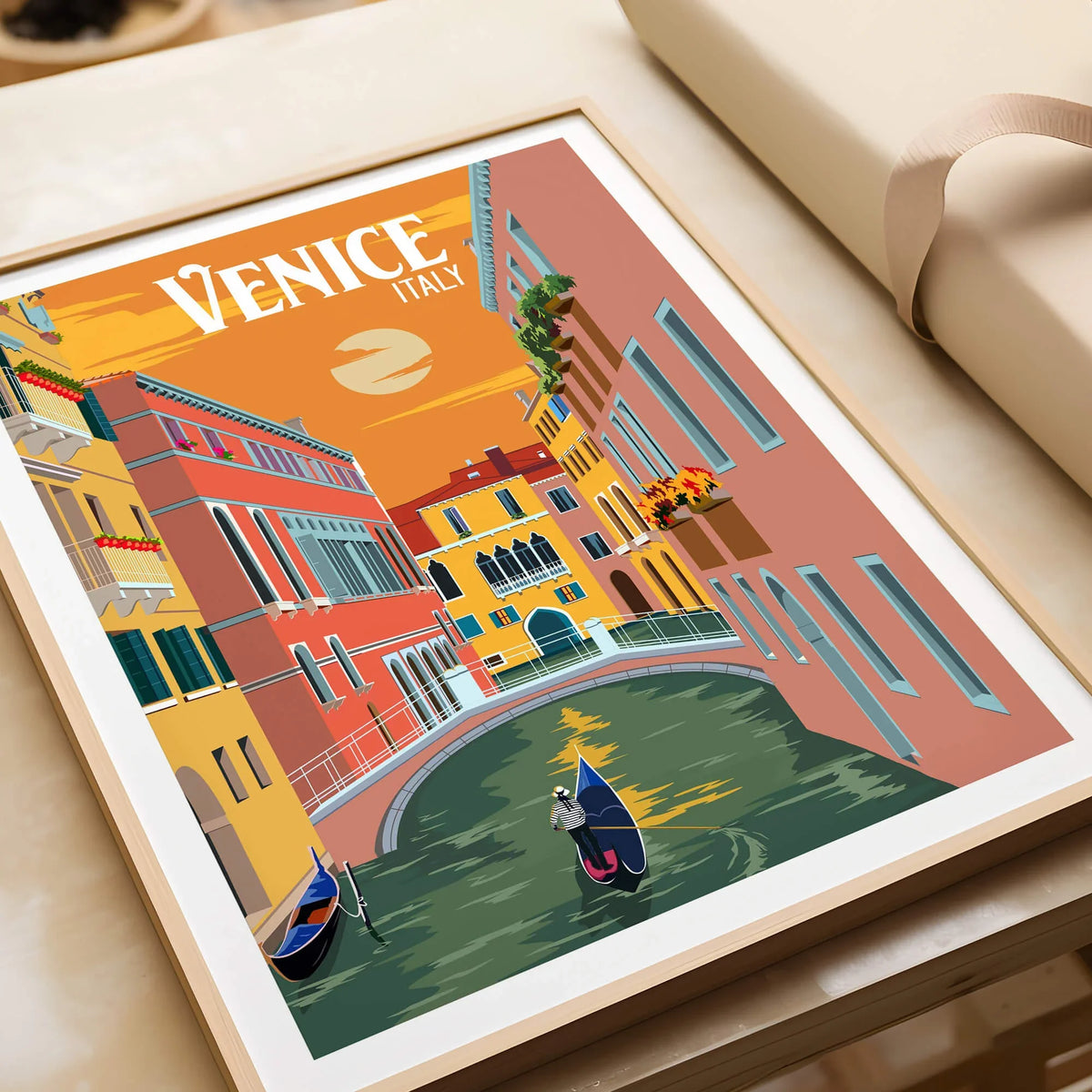 Venice Italy Poster Print Wall Art featuring a romantic gondola and sunset tones in a captivating canal scene.