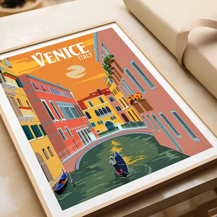 Venice Italy Poster Print Wall Art featuring a romantic gondola and sunset tones in a captivating canal scene.