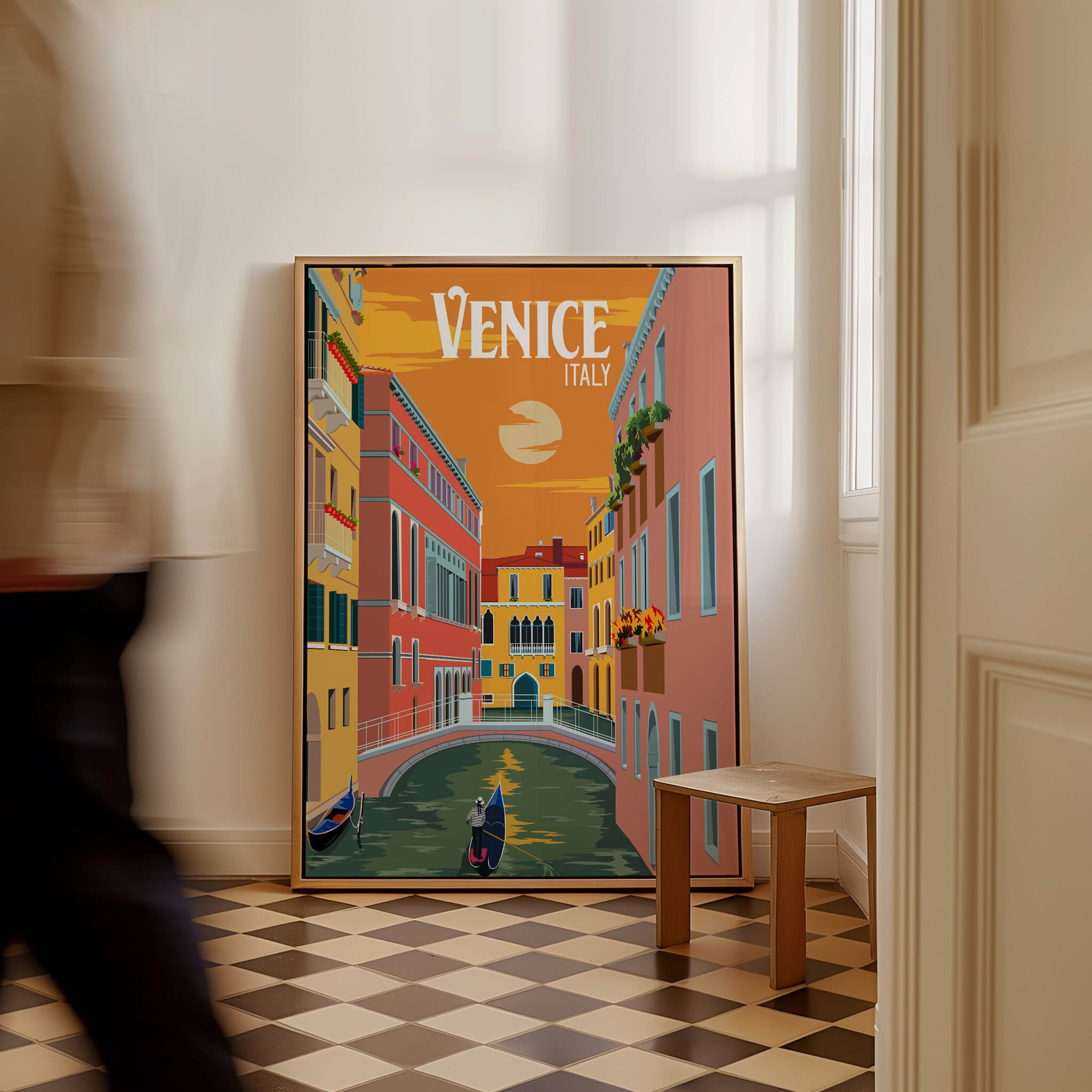 Venice Italy Poster Print Wall Art showcasing a gondola and colorful buildings, perfect for home decor.