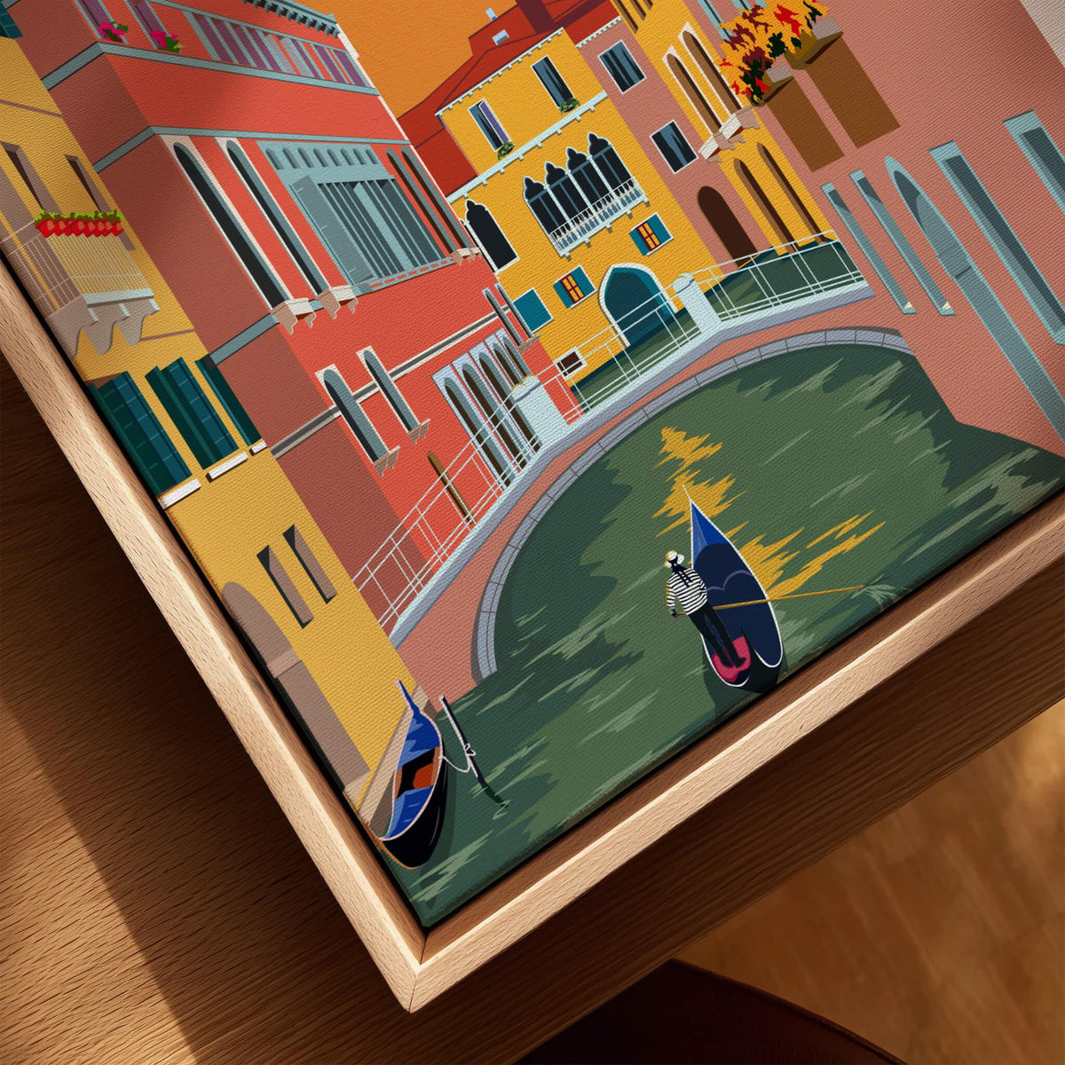 Venice Italy Poster Print Wall Art featuring gondolas and colorful buildings beside a serene canal.
