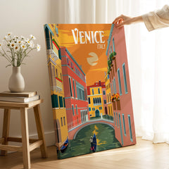 Venice Italy Poster Print Wall Art showcasing a gondola in a canal during sunset with colorful buildings.