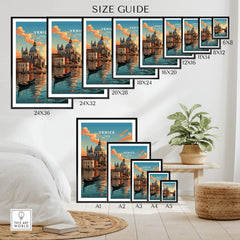Size guide for Venice Print showcasing various frame sizes and a beautiful canal scene with gondolas and sunset.