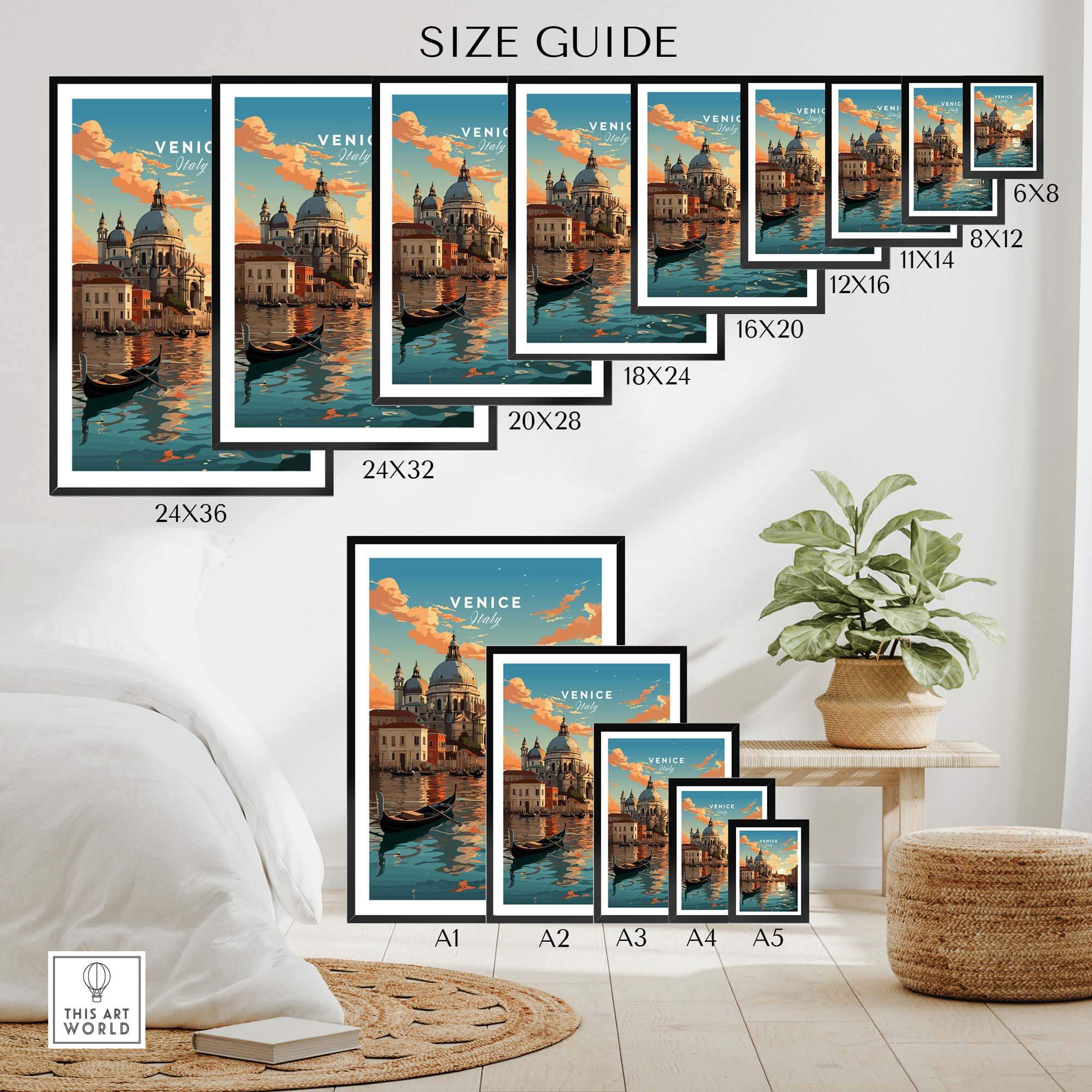 Size guide for Venice Print showcasing various frame sizes and a beautiful canal scene with gondolas and sunset.