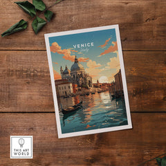 Venice travel poster showcasing serene canals, a gondola, and a sunset over the iconic architecture of Venice, Italy.