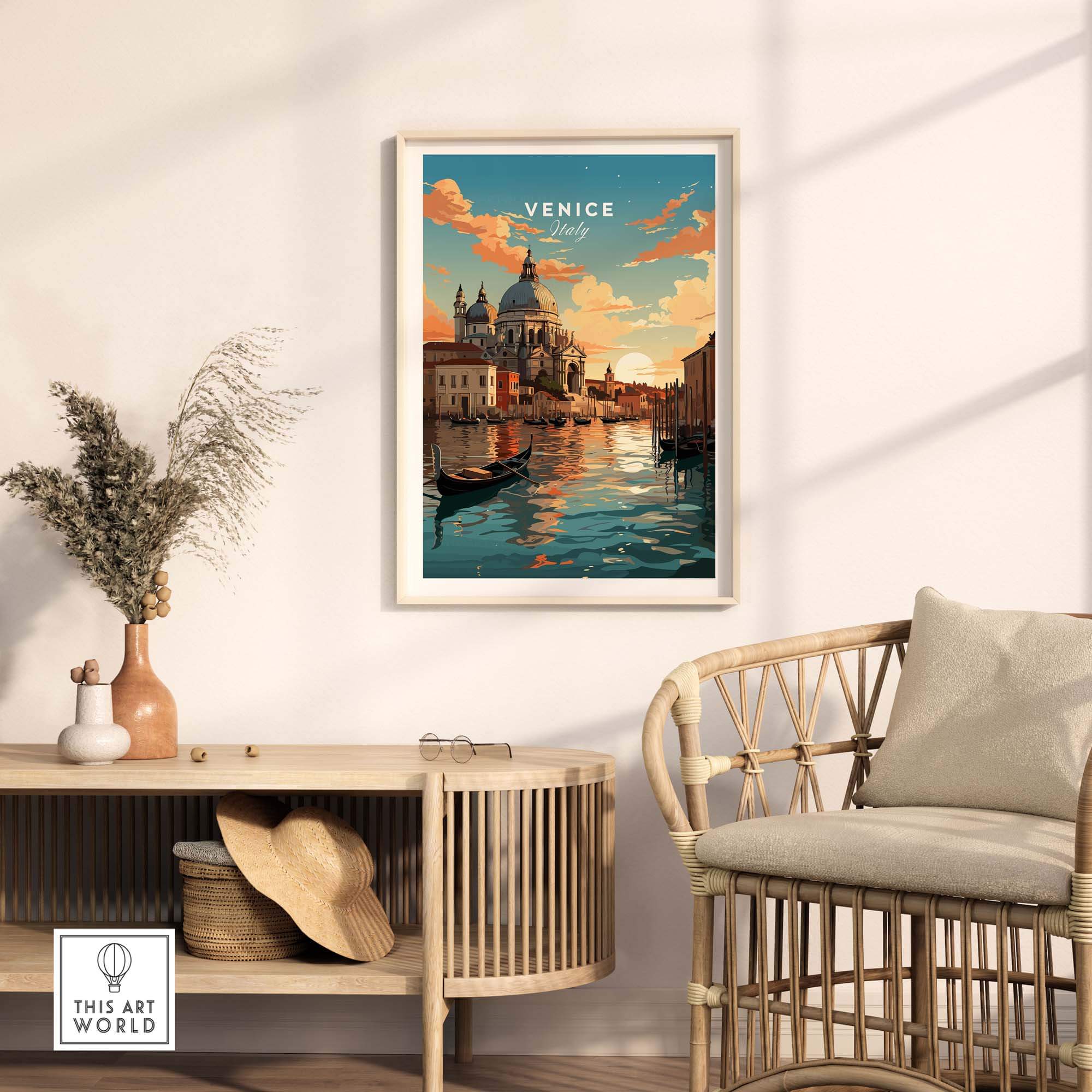 Venice print featuring serene canals, a sunset, and a gondola, displayed in a stylish home interior.