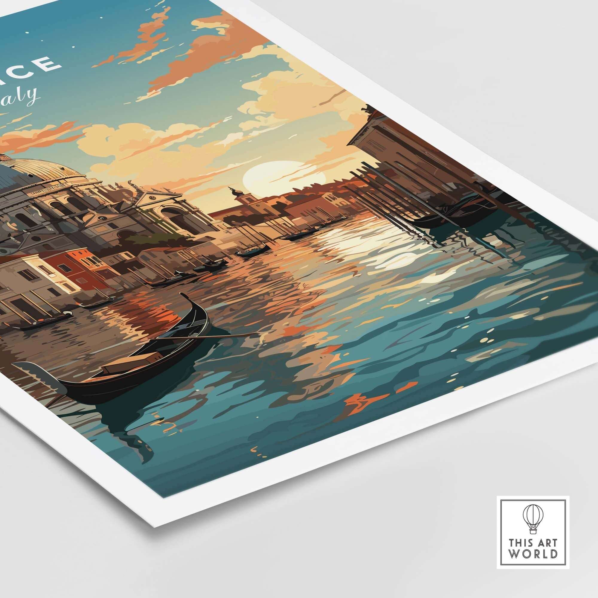 Venice print featuring serene canals, sunset colors, and gondolas, capturing the beauty of Italy's iconic city.