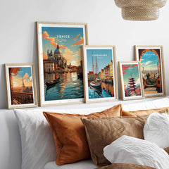 Beautiful Venice print collection featuring canals, gondolas, and vibrant sunsets displayed in stylish frames. Perfect for home decor.