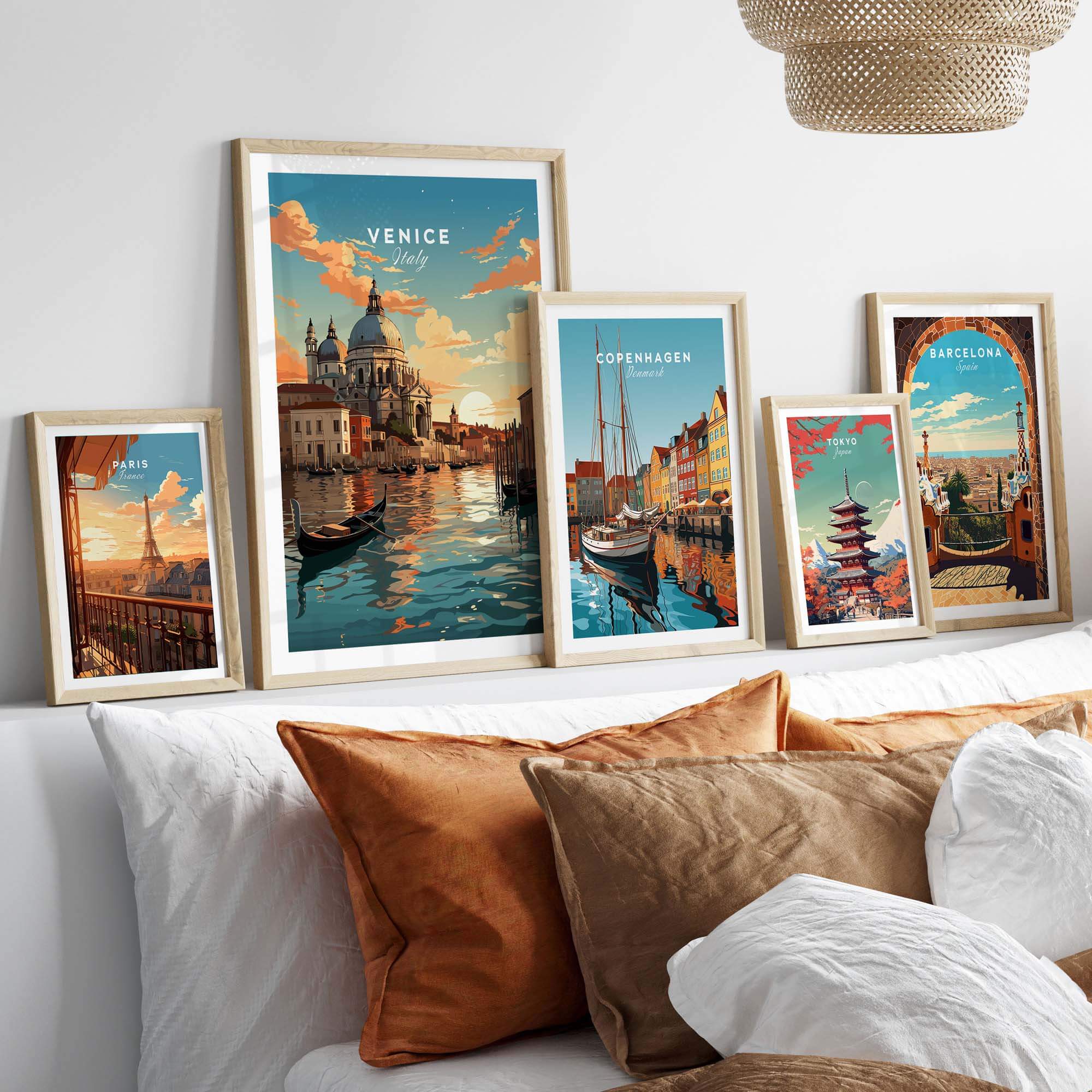 Beautiful Venice print collection featuring canals, gondolas, and vibrant sunsets displayed in stylish frames. Perfect for home decor.