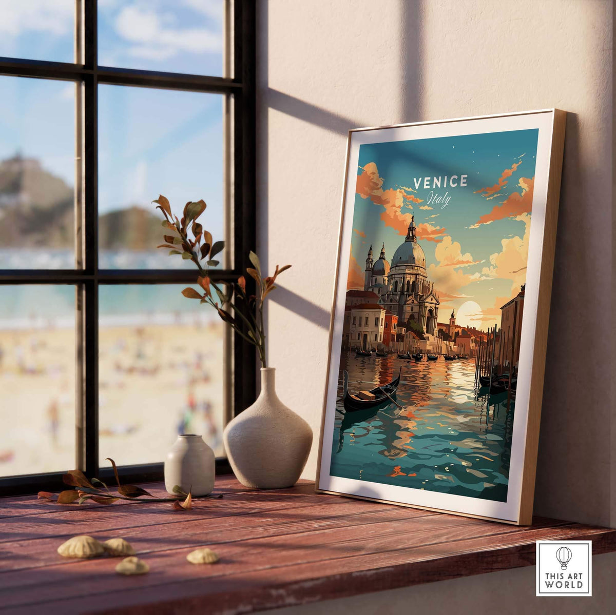 Venice print depicting serene canals and a sunset, perfect for home decor and Italy travel enthusiasts.
