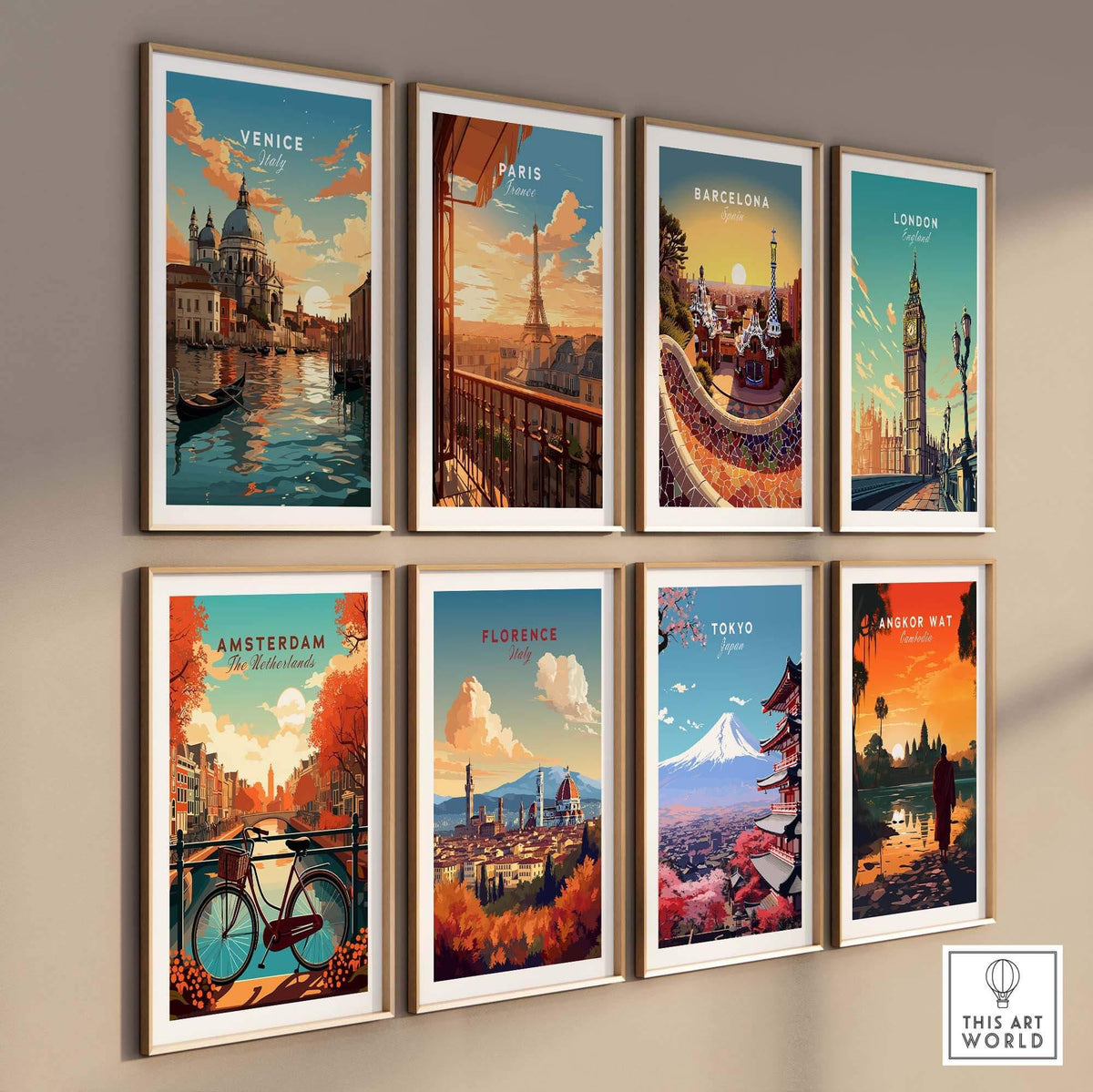 A collage of vibrant travel posters featuring Venice, Paris, Barcelona, London, Amsterdam, Florence, Tokyo, and Angkor Wat.
