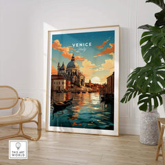 Venice print featuring serene canals, sunset, and gondola, perfect for home decor and anniversary gifts.
