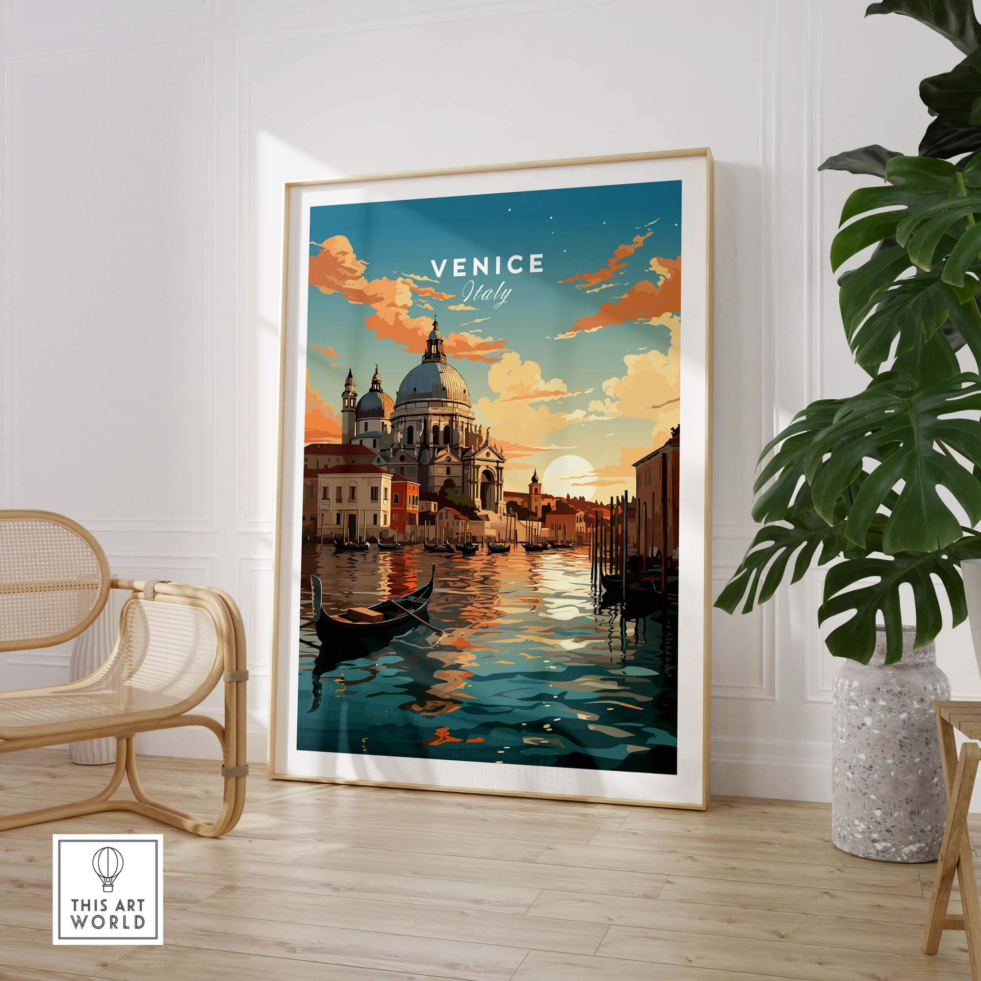 Venice print featuring serene canals, sunset, and gondola, perfect for home decor and anniversary gifts.