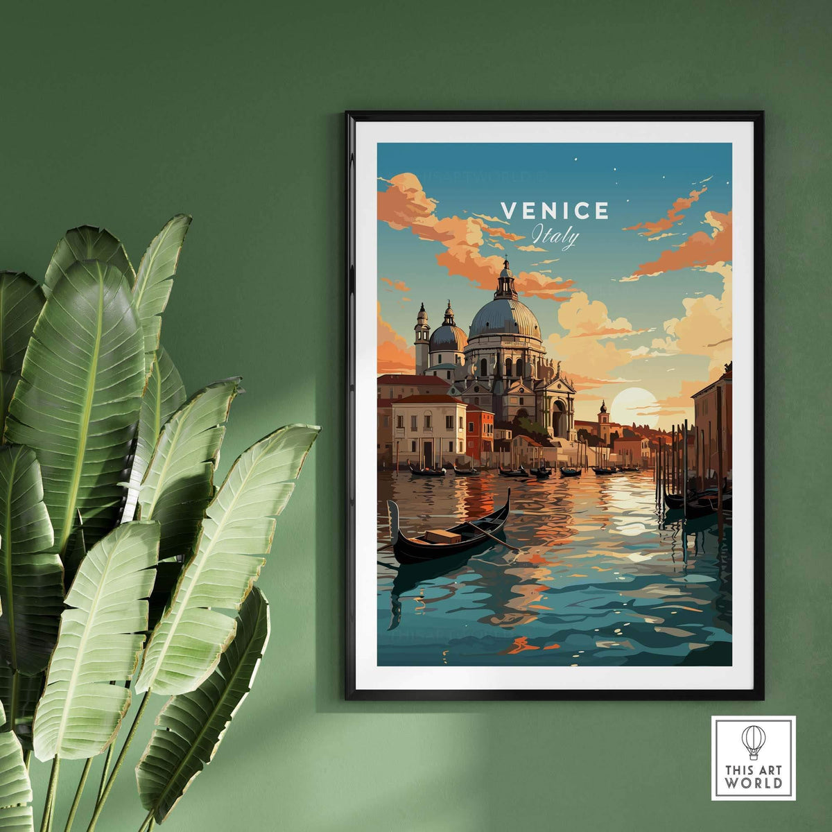 Venice print showcasing serene canals, sunset, and traditional gondola, perfect for home decor and travel enthusiasts.