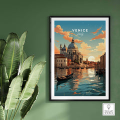 Venice print showcasing serene canals, sunset, and traditional gondola, perfect for home decor and travel enthusiasts.