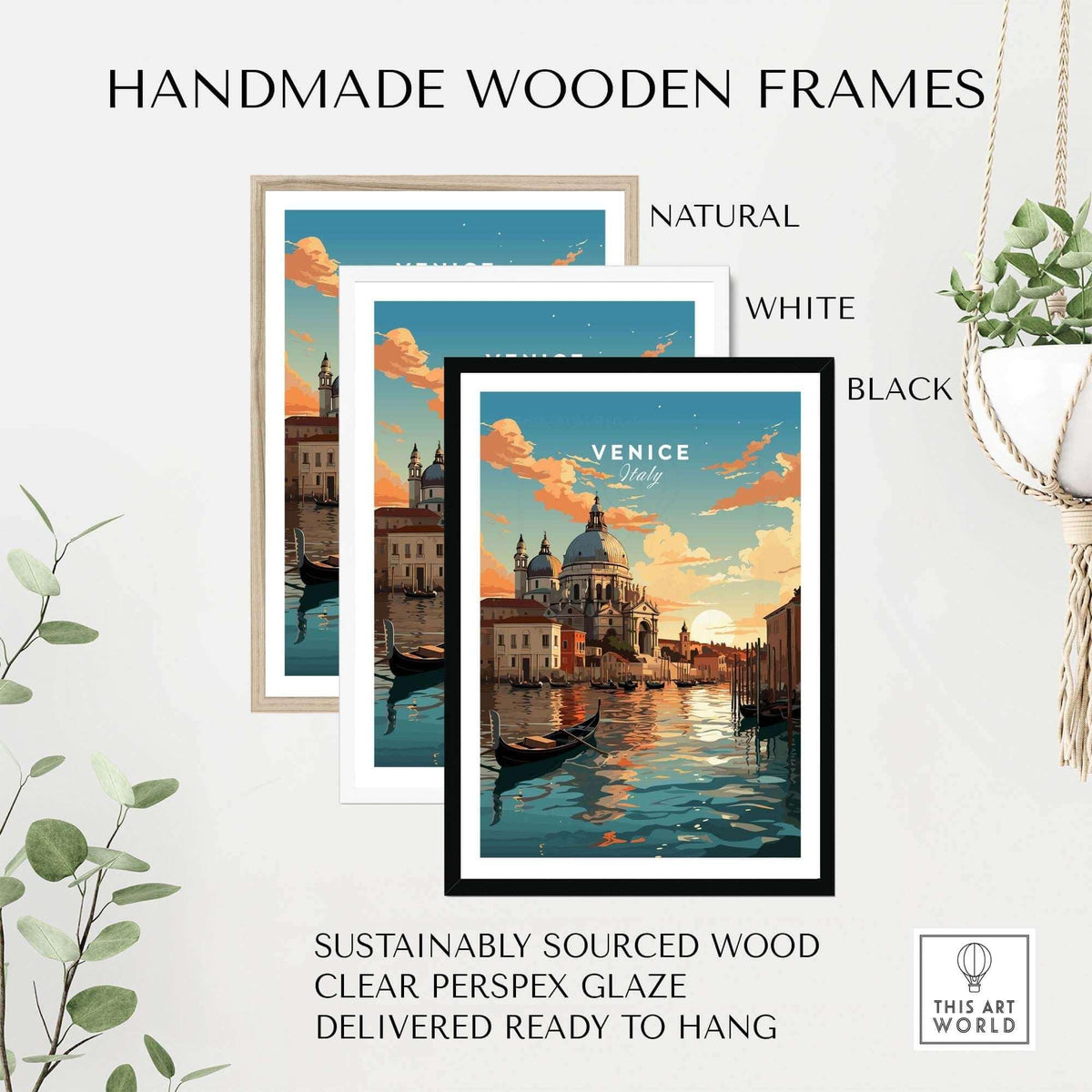 Handmade wooden frames in natural, white, and black featuring a Venice print with canals and sunset, sustainably sourced wood.