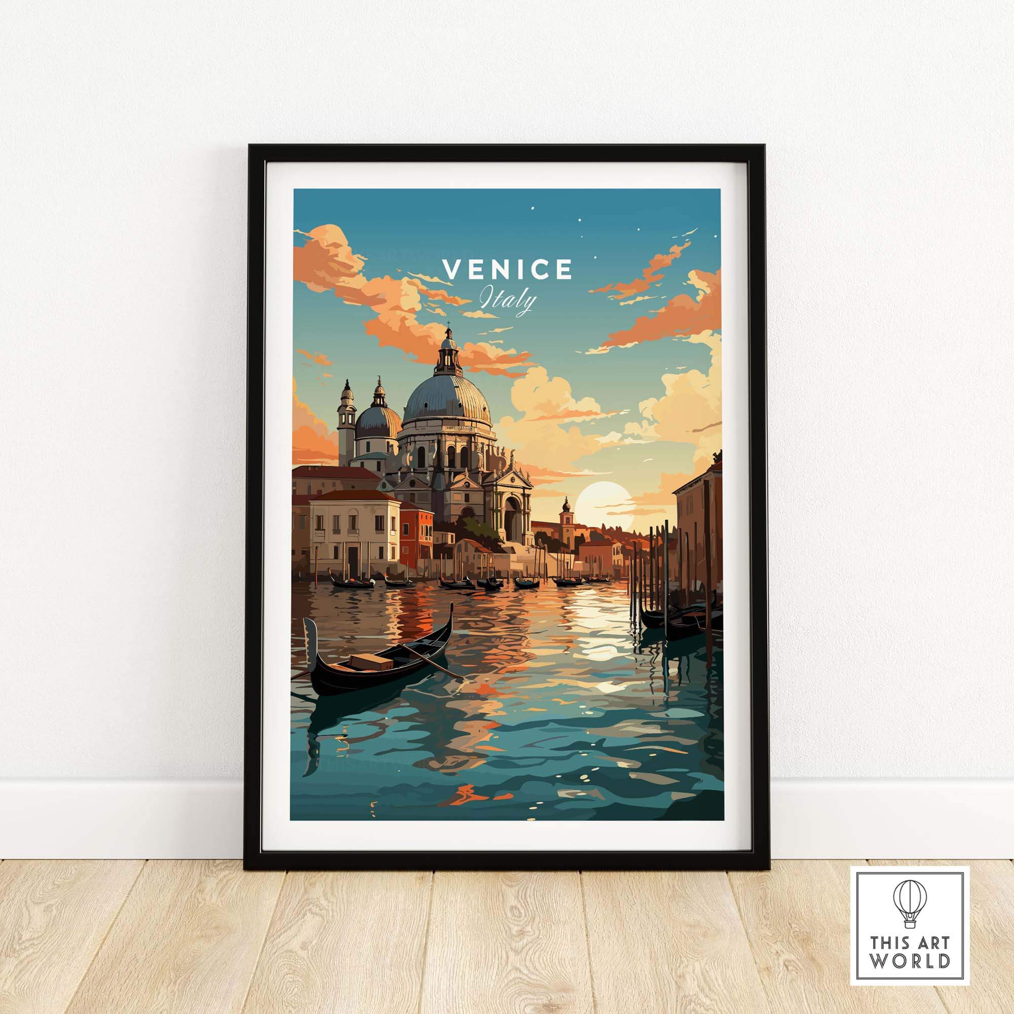 Venice print featuring serene canals, a gondola, and a sunset, perfect for home decor and Italy travel enthusiasts.