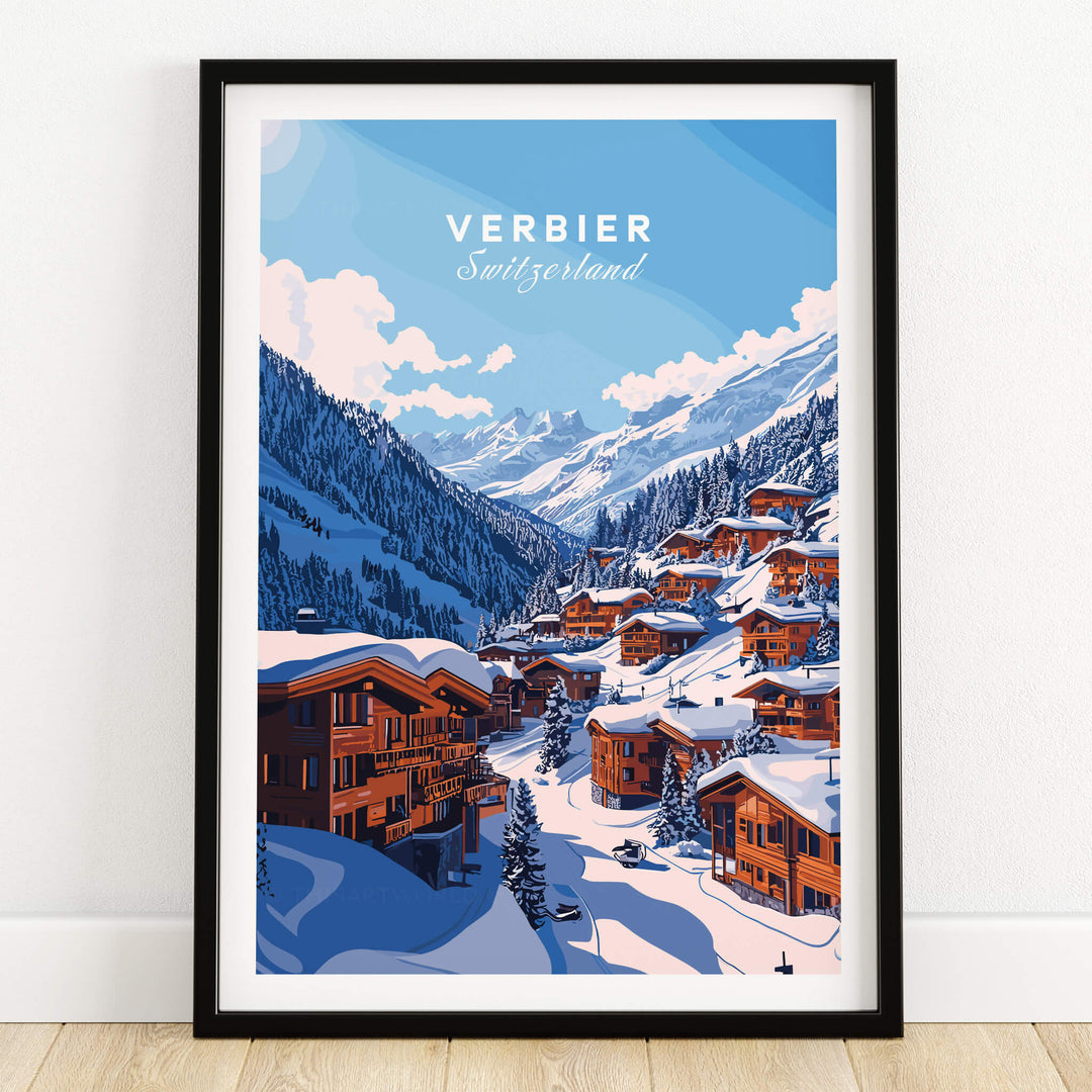 Verbier Travel Print showcasing the snowy mountains and charming chalets of Verbier, Switzerland.