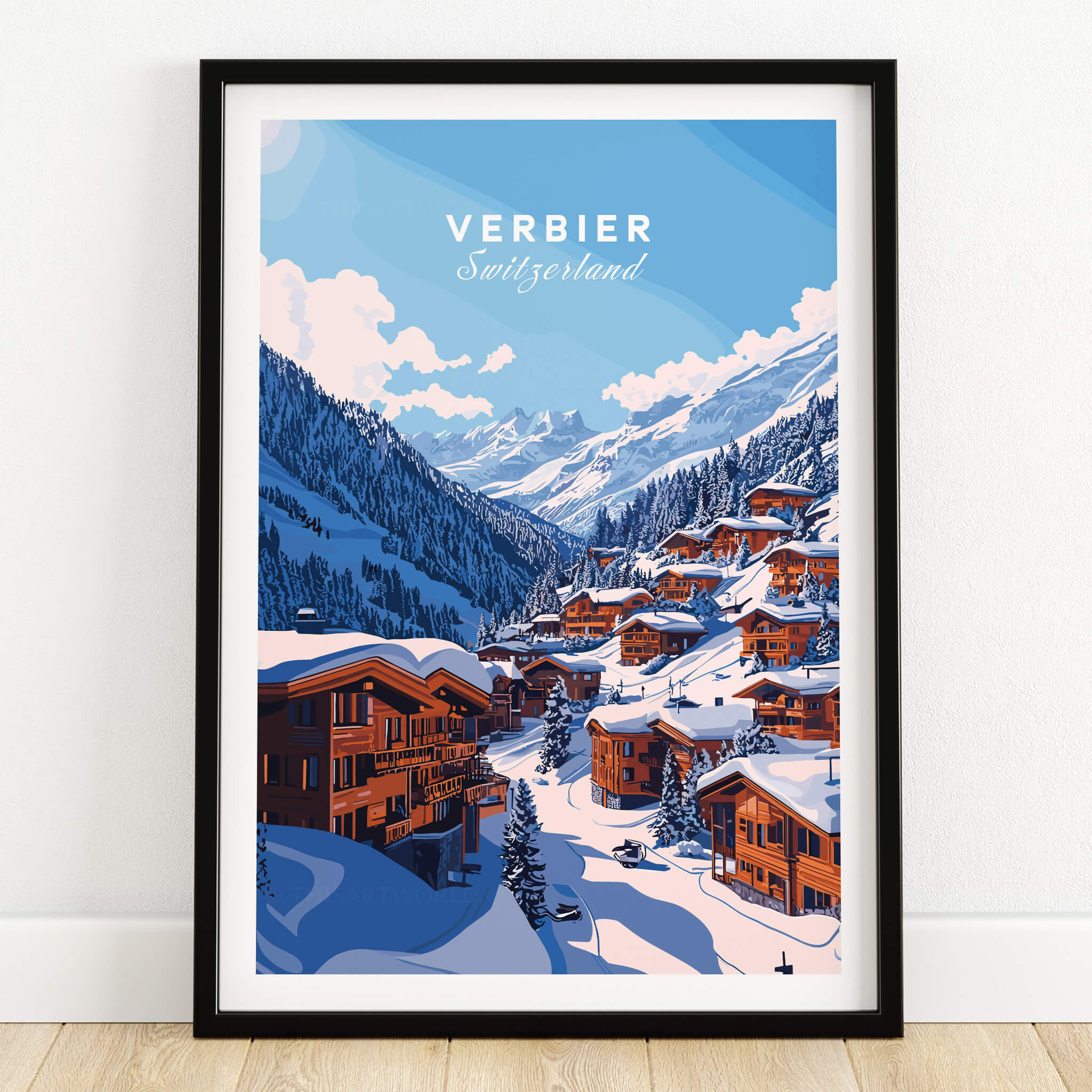 Verbier Travel Print showcasing the snowy mountains and charming chalets of Verbier, Switzerland.