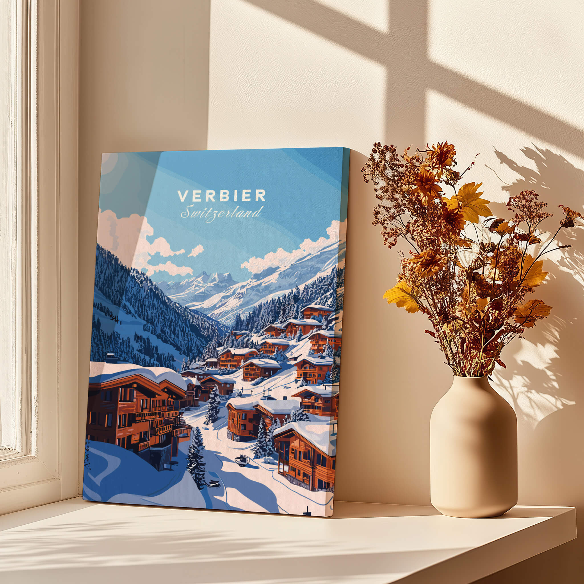 Verbier Travel Print showcasing the picturesque ski town of Verbier with mountains and cozy chalets.