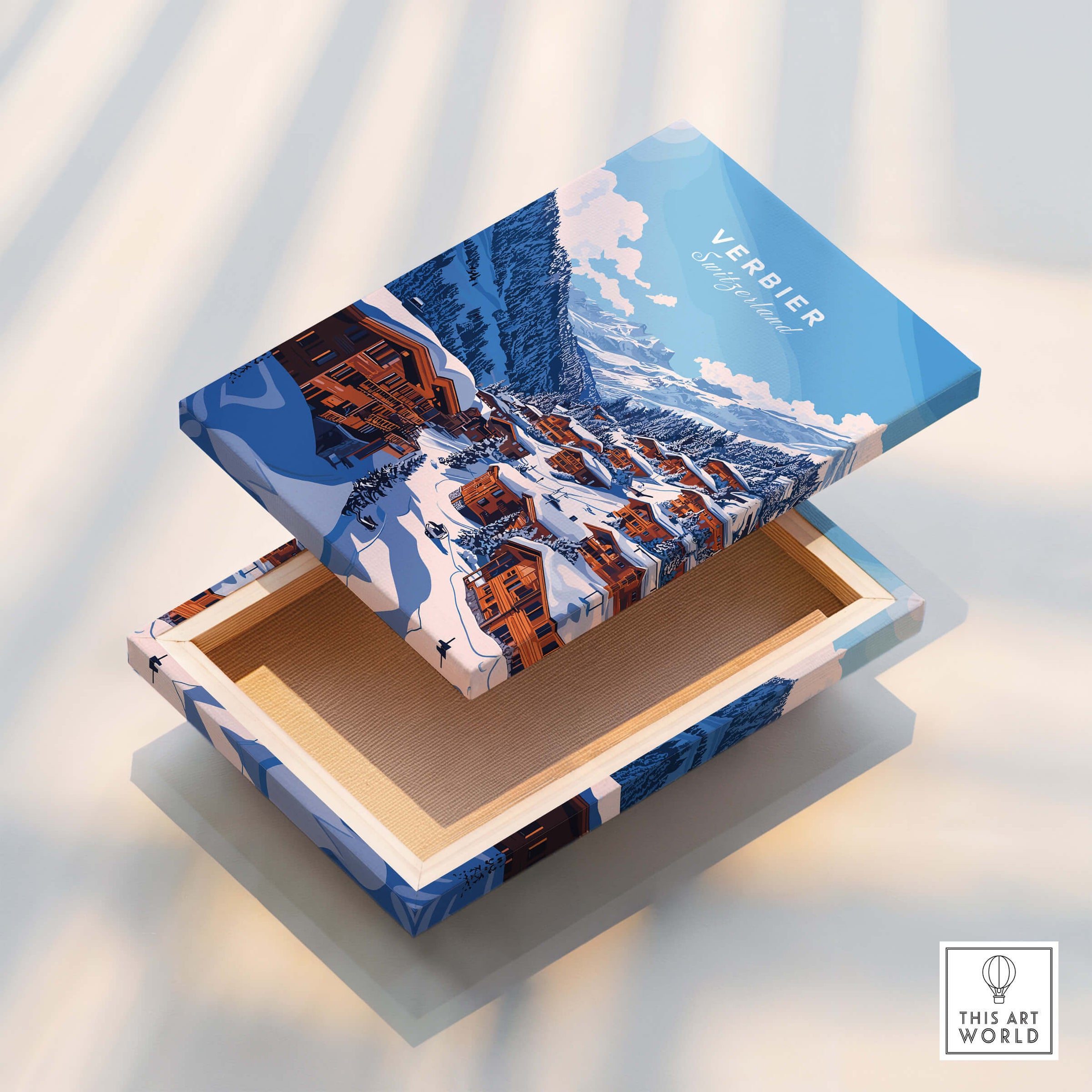 Verbier Travel Print showcased on a decorative box with a stunning mountain landscape design.