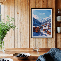 Verbier Travel Print showcasing a picturesque view of the skiing town of Verbier, perfect for ski enthusiasts' decor.
