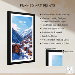 Verbier Travel Print framed art showcasing skiing in the picturesque Verbier, with a wooden frame and clear plexiglass.