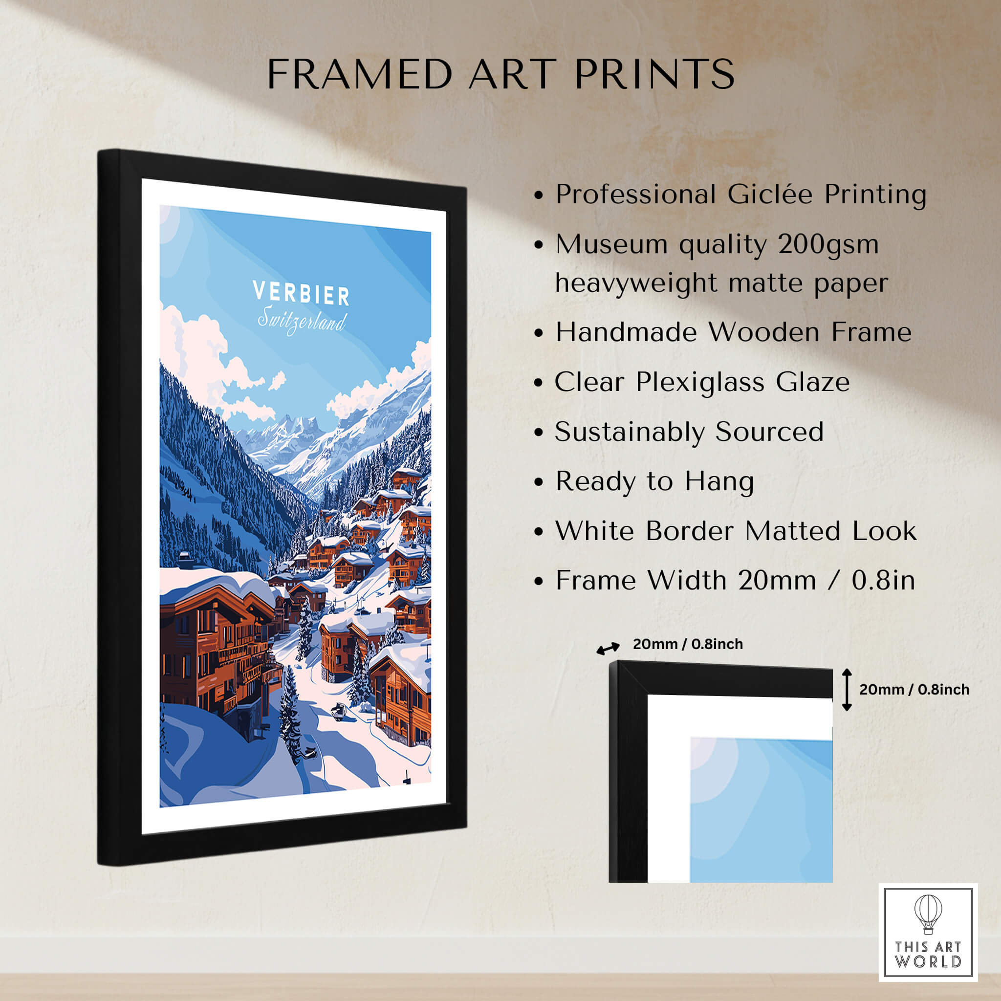Verbier Travel Print framed art showcasing skiing in the picturesque Verbier, with a wooden frame and clear plexiglass.