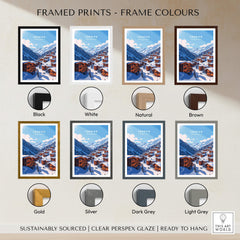 Verbier Travel Print framed in various colors including black, white, natural, brown, gold, silver, dark grey, and light grey.