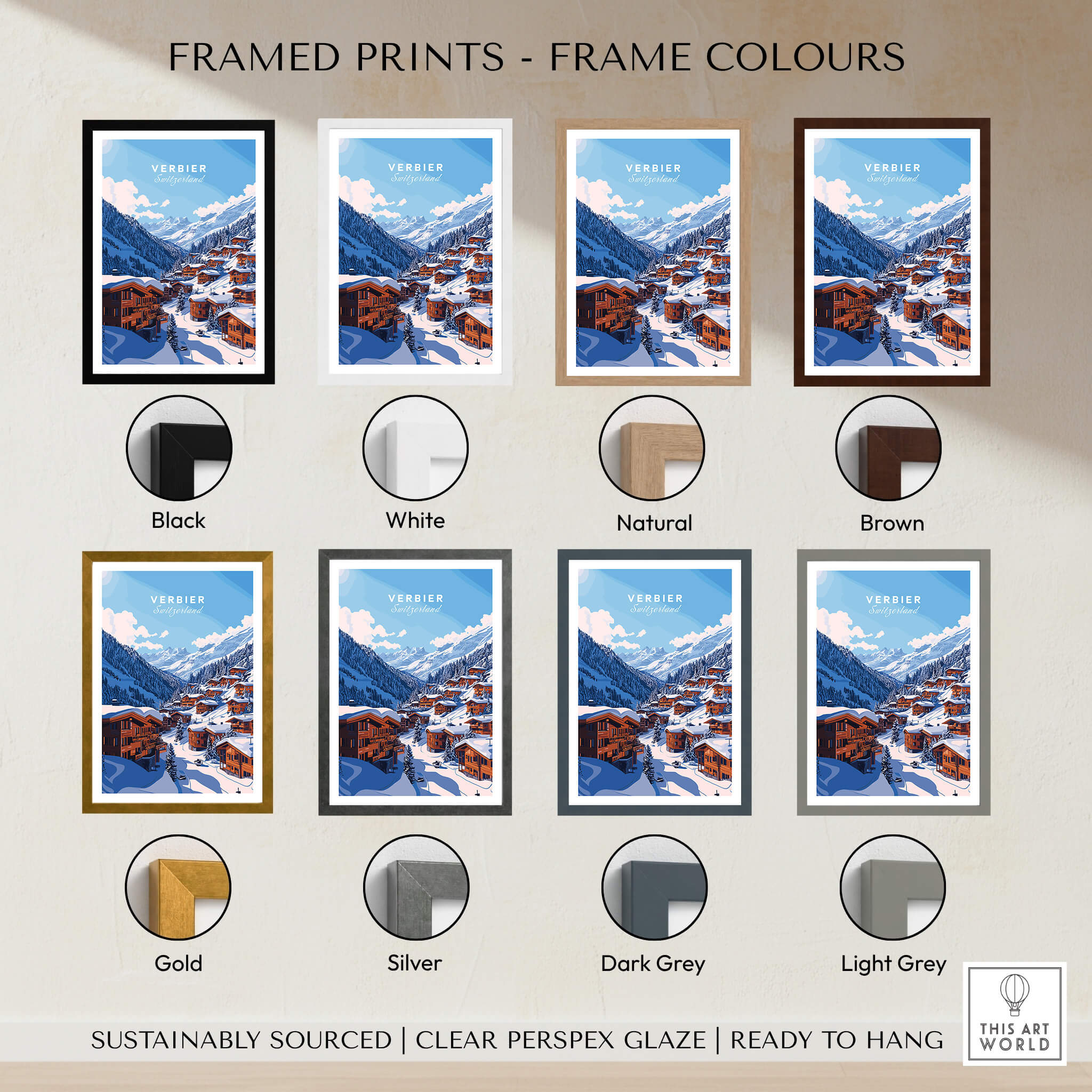 Verbier Travel Print framed in various colors including black, white, natural, brown, gold, silver, dark grey, and light grey.