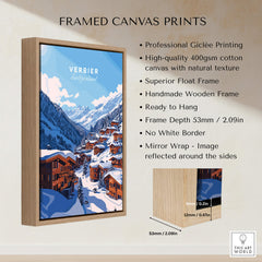 Verbier Travel Print featuring mountain scenery in a framed canvas, perfect for ski enthusiasts' home decor.
