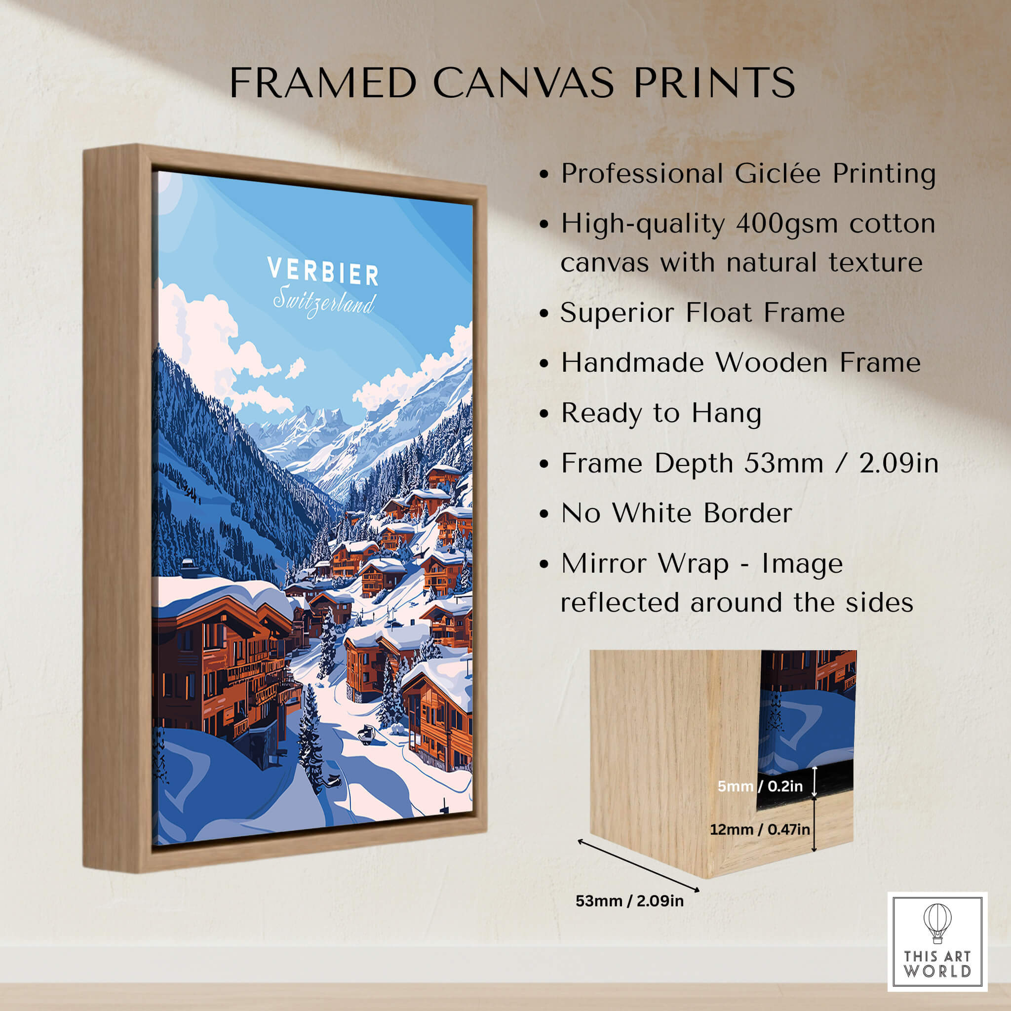 Verbier Travel Print featuring mountain scenery in a framed canvas, perfect for ski enthusiasts' home decor.