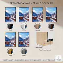 Various frame color options for Verbier Travel Print showcasing ski town scenery.