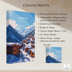 Verbier Travel Print showcasing professional giclée printing on high-quality cotton canvas with mountain scenery.