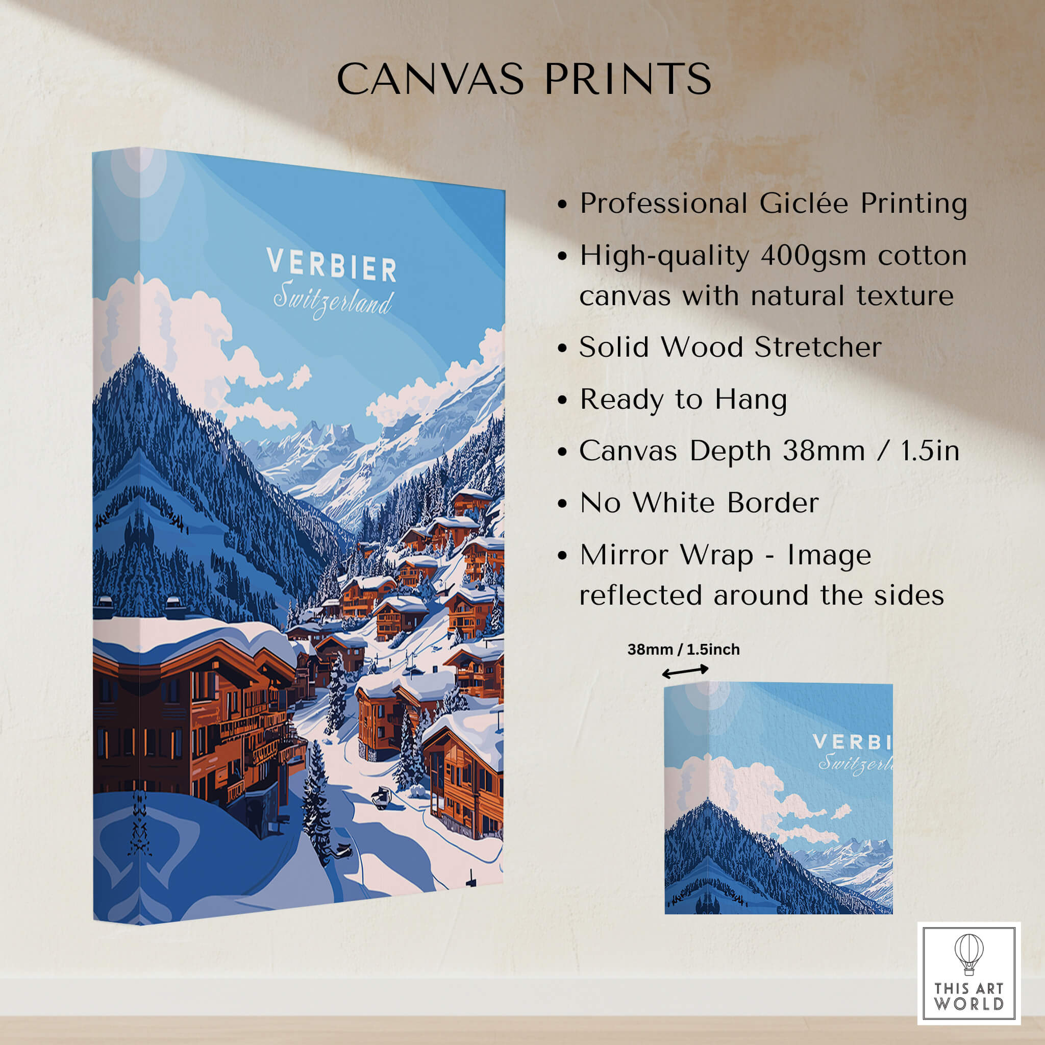 Verbier Travel Print showcasing professional giclée printing on high-quality cotton canvas with mountain scenery.