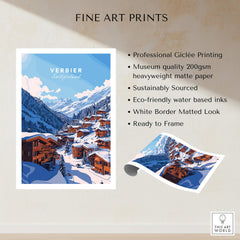 Verbier Travel Print showcasing a beautiful winter mountain scene and charming chalets, perfect for ski enthusiasts.