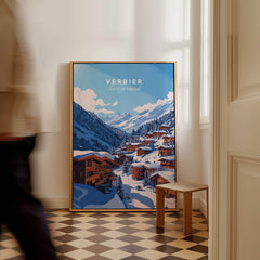 Verbier Travel Print showcasing a stunning mountain scene in Verbier, Switzerland, perfect for ski enthusiasts.